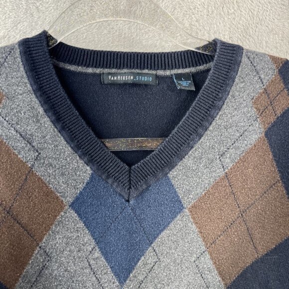 Van Heusen Sweater Mens Large Argyle Navy‎ Blue V Neck - Picture 3 of 8
